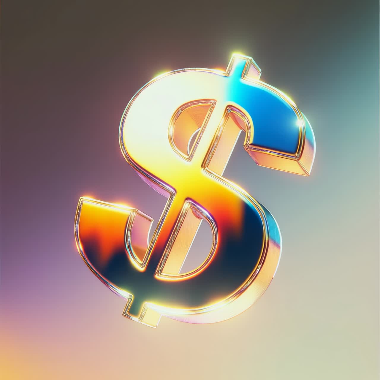 A vibrant, 3D dollar sign with a glowing, iridescent finish. Captured from a low angle
