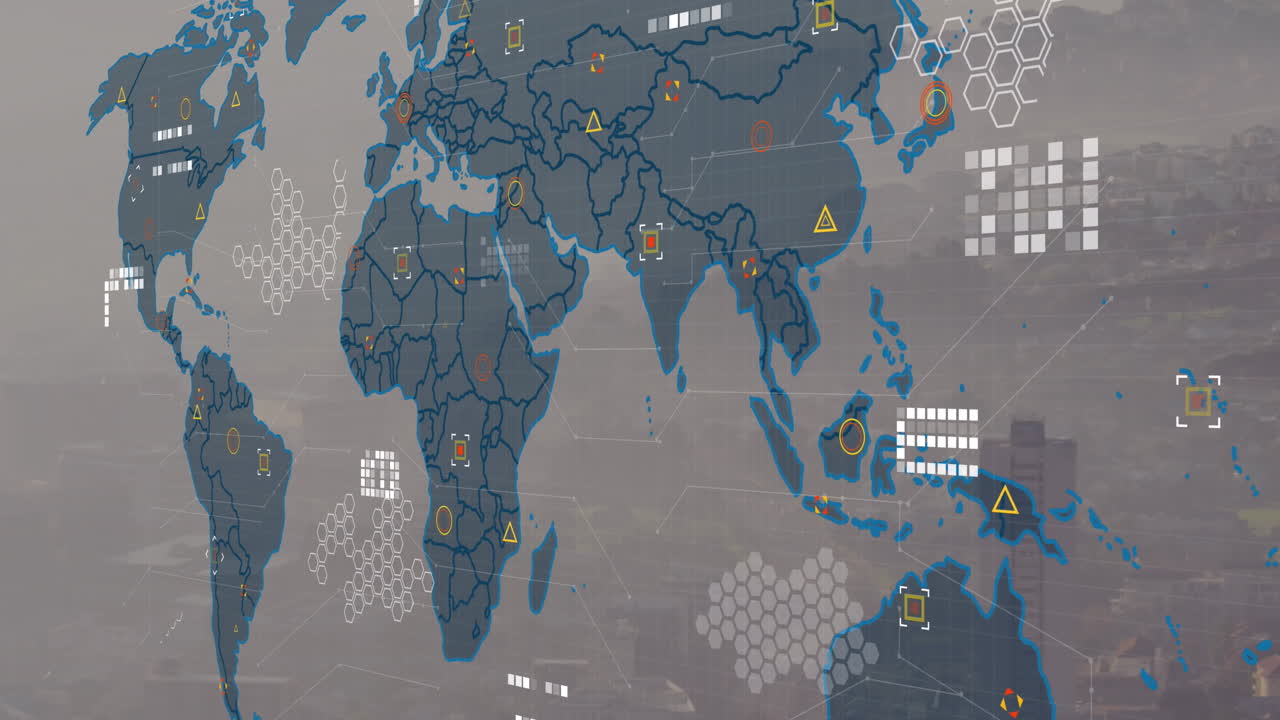 Animation of world map and data processing against aerial view of cityscape