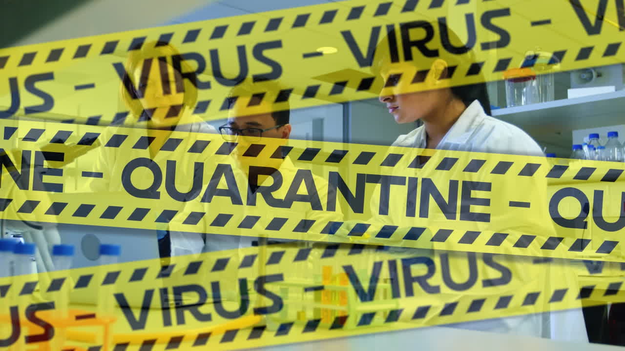 다민족 의사 그룹이 실험실에서  ⁇ 플을 검사하는 경찰 테이프의 애니메이션