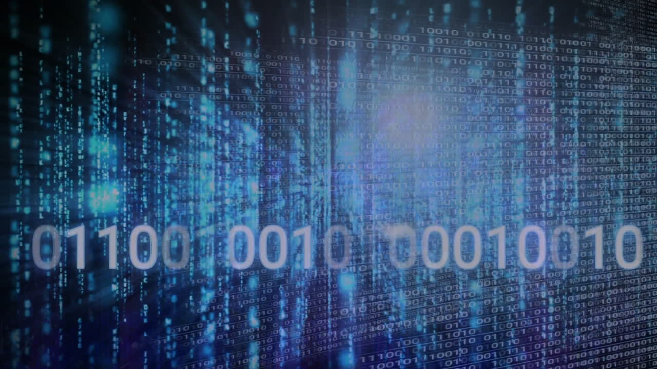 Animation of binary coding and data processing over dark background