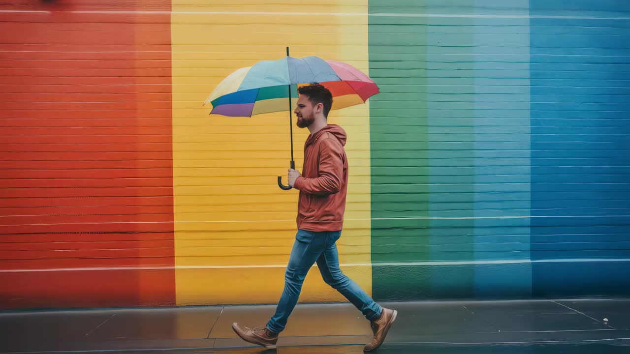 Stylish male walking confidently with rainbow umbrella, passing vibrant wall, embodying freedom and creative self expression in urban environment