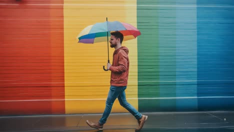 stylish male walking confidently with rainbow umbrella, passing vibrant wall, embodying freedom and creative self expression in urban environment