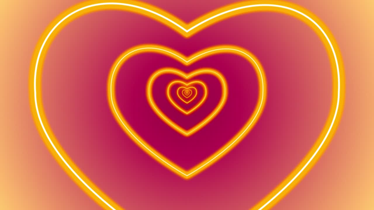 심장 로맨스 사랑 애니메이션 발렌타인 데이 네온 빛 터널 포털 시각 효과 배경 추상적인 색 빨간색 노란색