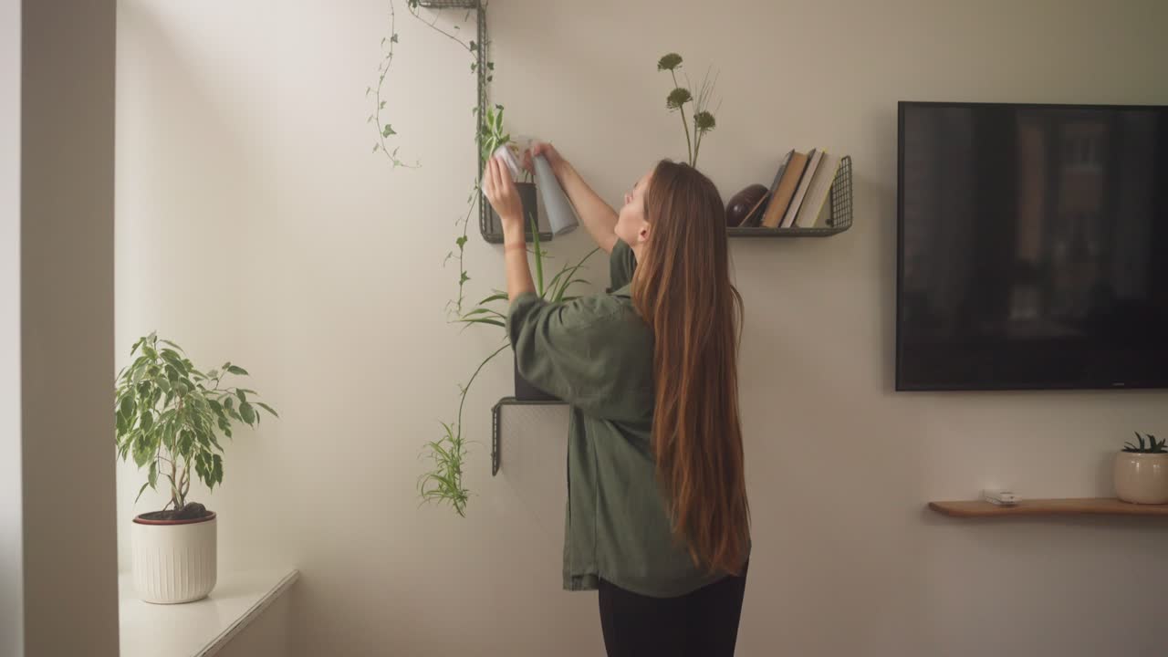 mujer que cuida de las plantas de la casa