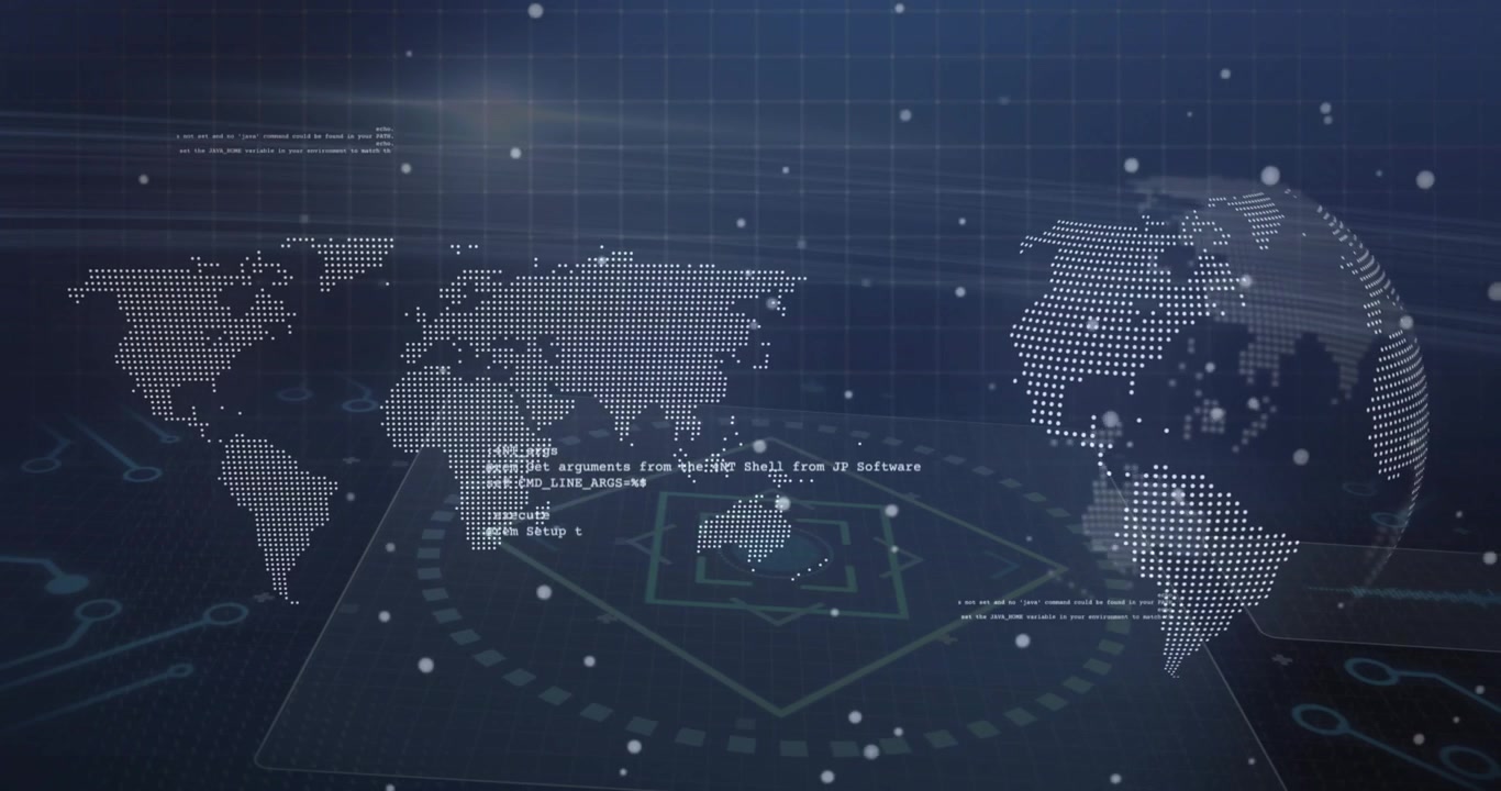 Displaying dotted world map left and 3D dotted globe right over code snippets with glowing nodes