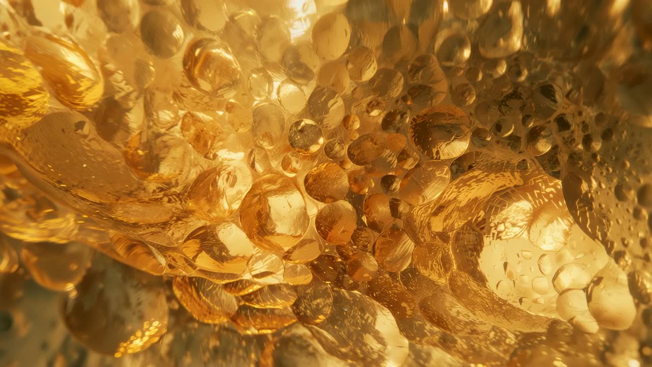 Opening macro view showing bubbles forming and ascending inside glass vessel, reflecting warm light