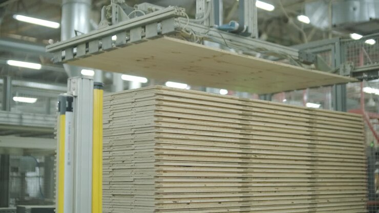 Macchina automatizzata che impila assi di legno in fabbrica industriale