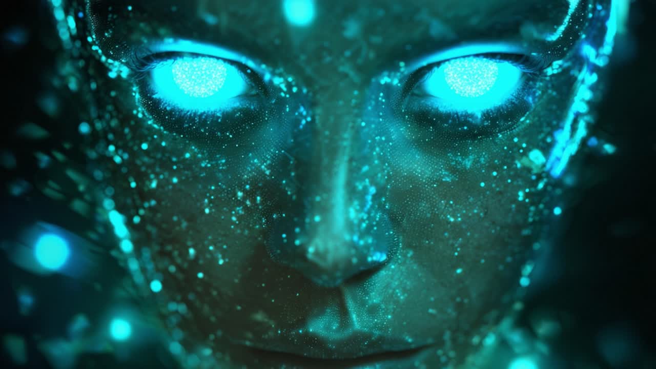 Mystical humanoid face with glowing blue particles and luminous eyes looking directly at the camera, representing an advanced alien intelligence, a spiritual deity, or a powerful AI concept