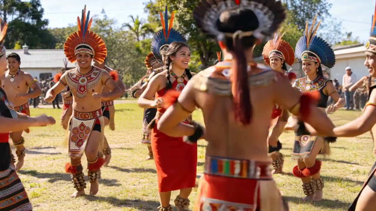 Compagnia che si riunisce ed esegue una danza in cerchio su un campo erboso per la folla, con una donna in rosso che indossa un fiore tra i capelli.