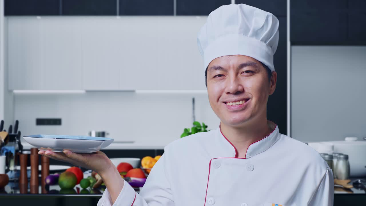 close up de un chef asiático sosteniendo un plato y sonriendo a la cámara mientras está de pie en la cocina de casa