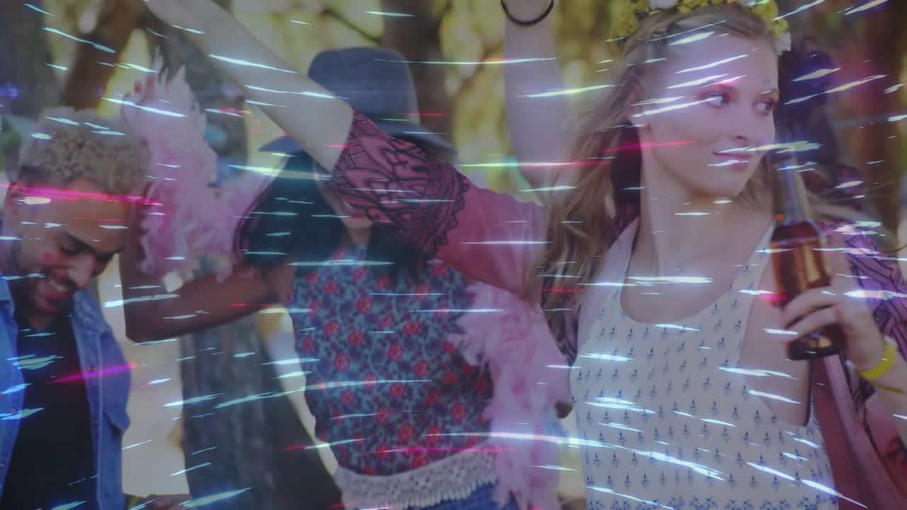 Four party guests celebrating, raising bottles and dancing as pulsing lights sweeping over group