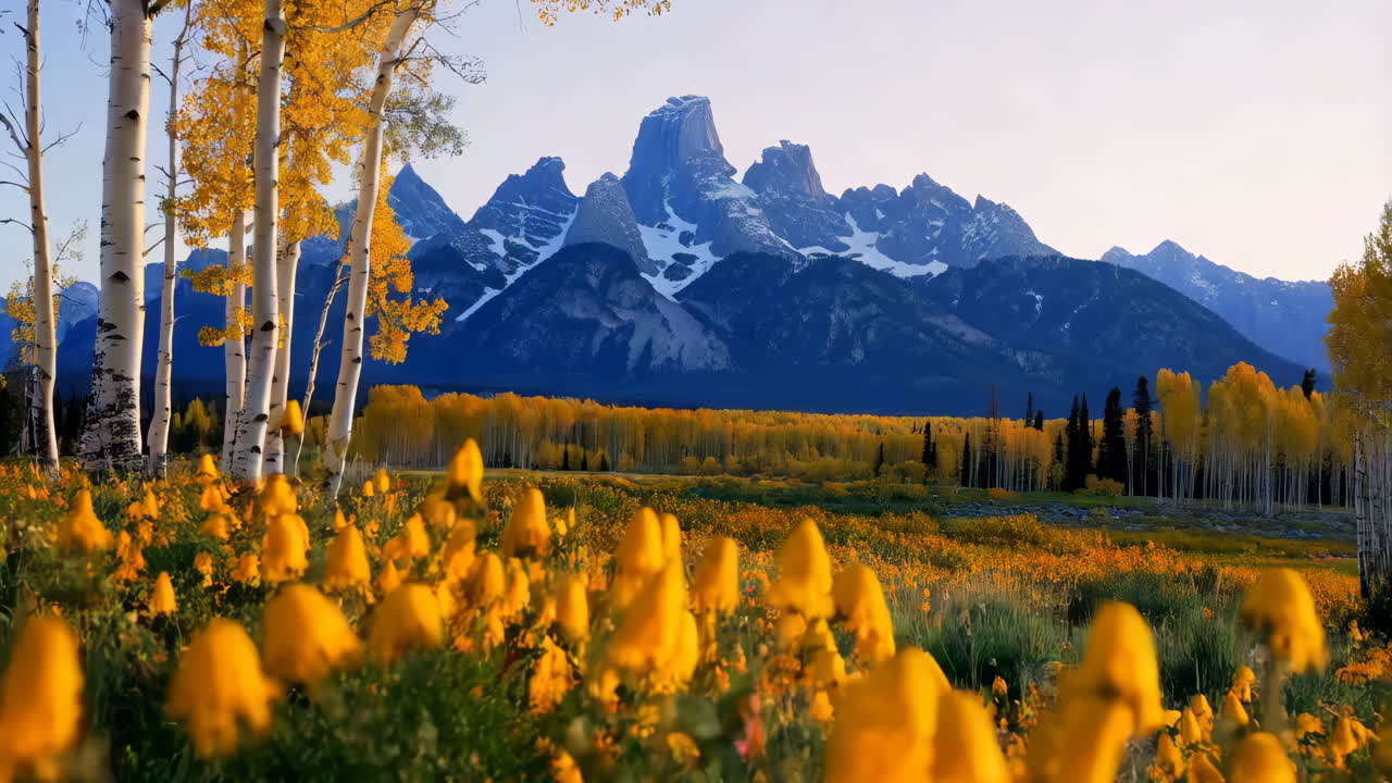 Vibrant Autumn Mountain Landscape with Yellow Trees and Wildflowers