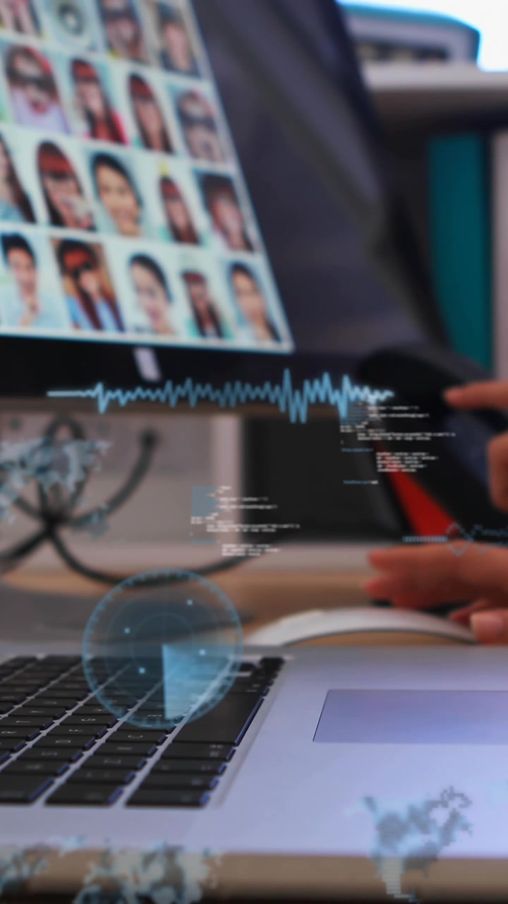 Mulher caucasiana trabalha em conceitos de tecnologia global com animação e programação