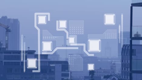animation of shapes moving over cityscape