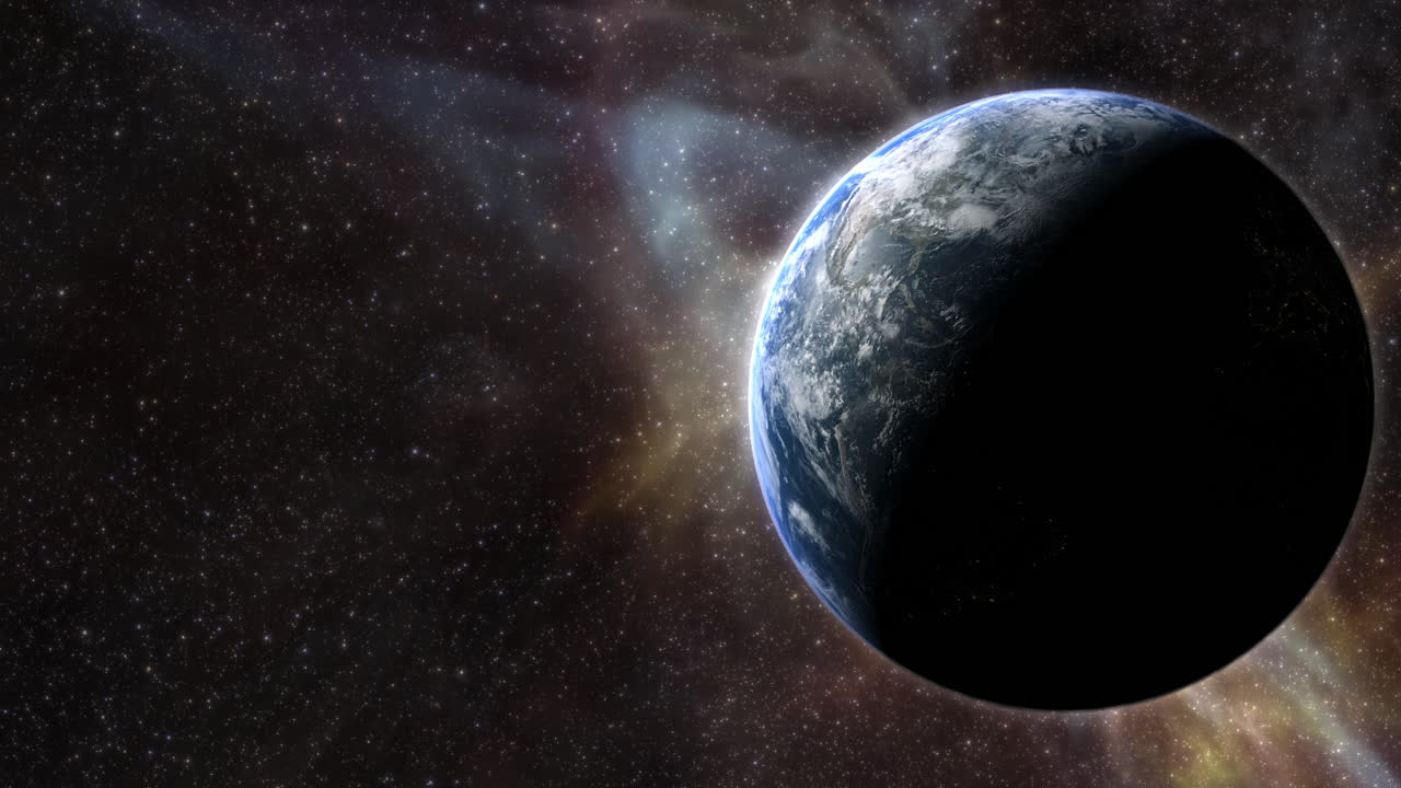 Epic cinematic motion graphic of Earth’s sunrise from orbit, showcasing a glowing blue atmosphere, dramatic lighting, twinkling stars, and vibrant colorful nebula clouds in the vast deep cosmos