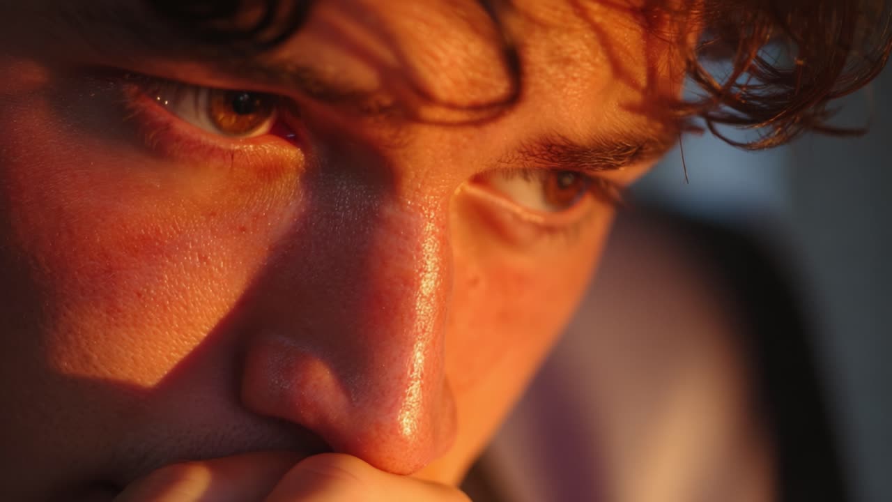 A Thoughtful Expression Captured in Warm Light: A Close-Up of a Young Individual Lost in Contemplation
