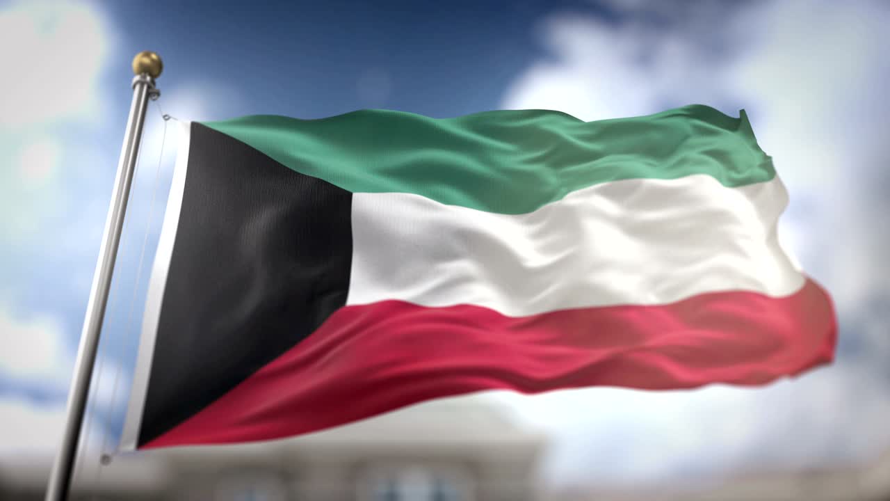 la bandera de kuwait ondeando en cámara lenta 3d con fondo de cielo azul - bucle sin costuras 4k