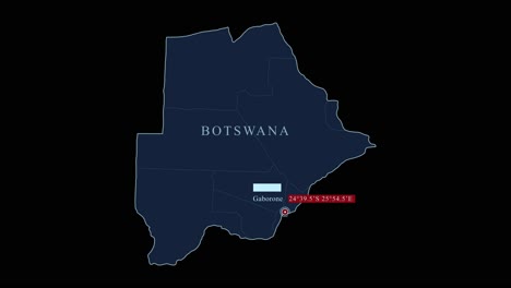 Botswana-Blaue-Karte-Mit-Gaborone-Hauptstadt-Und-Geografischen-Koordinaten-Auf-Schwarzem-Hintergrund