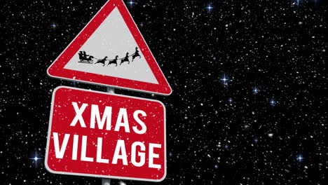 animation of road sign with santa claus in sleigh with reindeer over snow falling