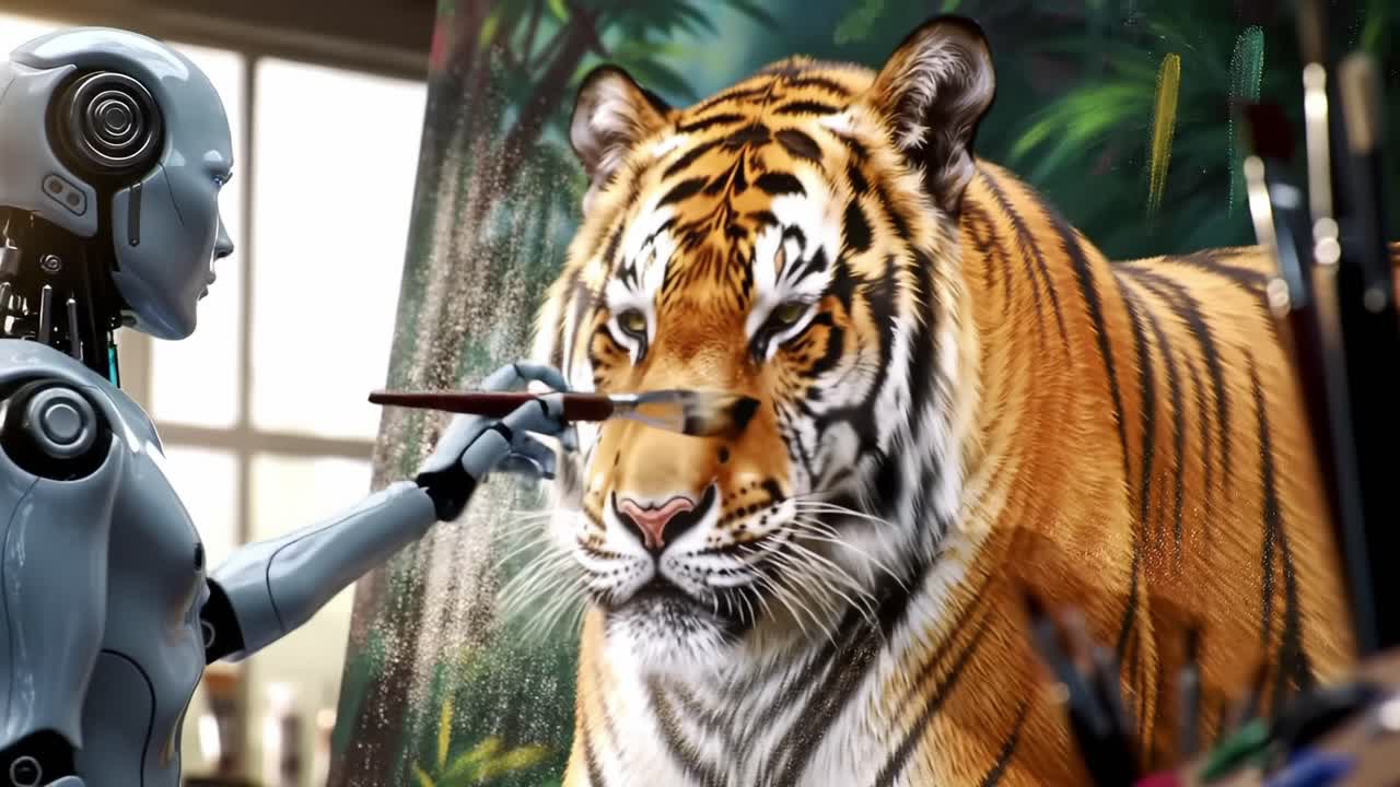 A futuristic robot artist bringing to life a magnificent tiger through the strokes of a paintbrush, showcasing the harmony between technology and nature in a vibrant studio setting