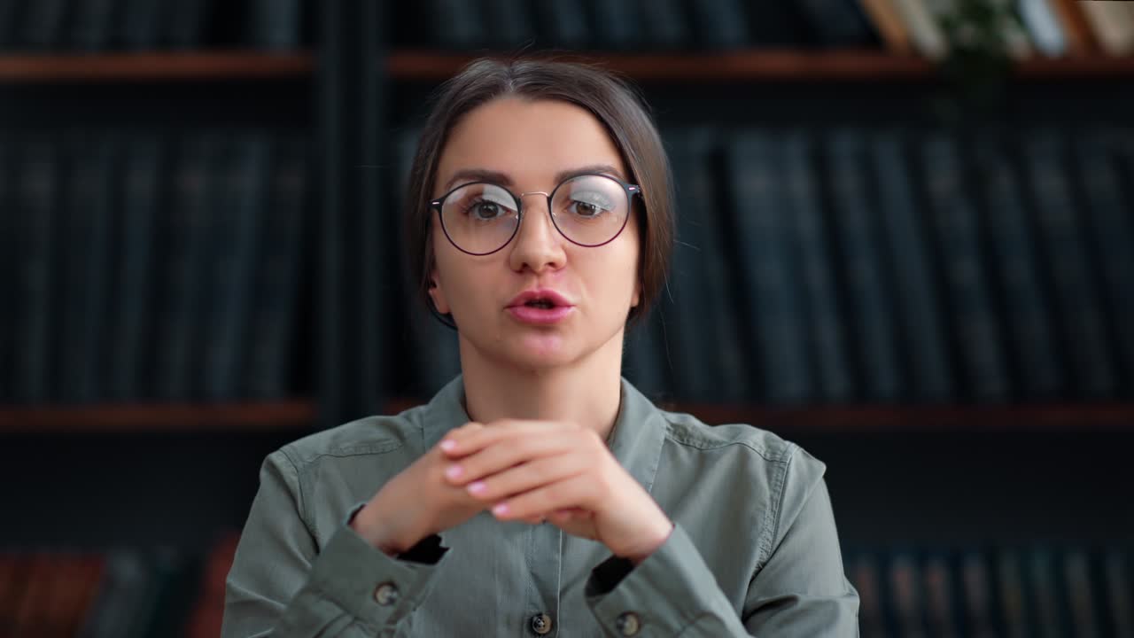 Closeup woman blogger talking explaining educational information communication webinar broadcasting