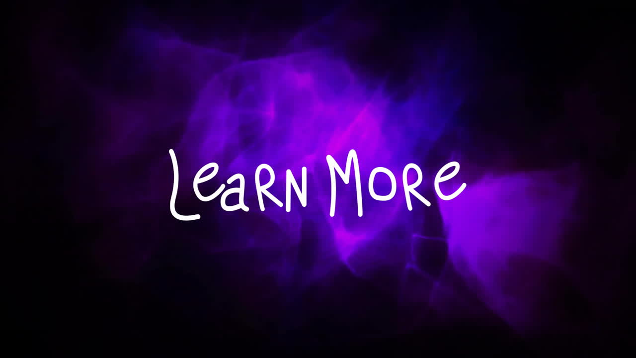 Learn More text animation over purple and black abstract background
