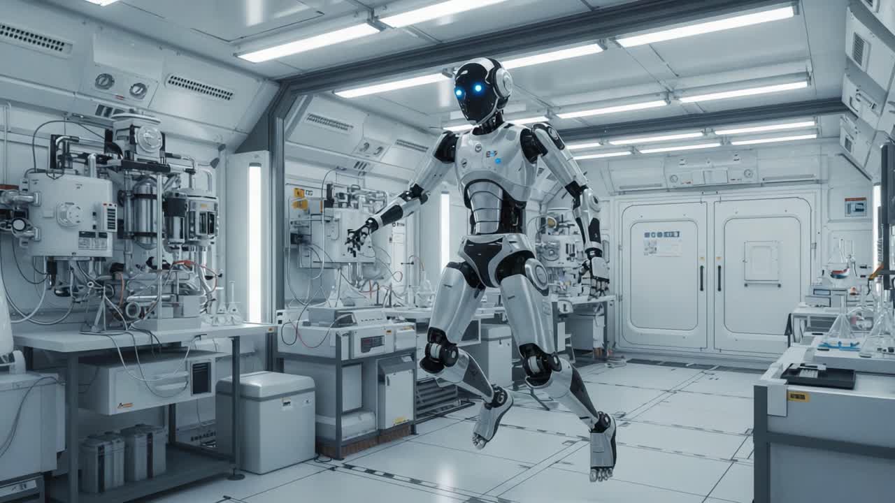 A humanoid robot gracefully traverses a futuristic laboratory, showcasing its advanced physical design and intriguing technological capabilities amidst an innovative environment