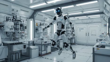 a humanoid robot gracefully traverses a futuristic laboratory, showcasing its advanced physical design and intriguing technological capabilities amidst an innovative environment