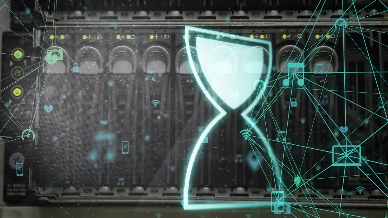 Animation of egg timer over network of connections and server room