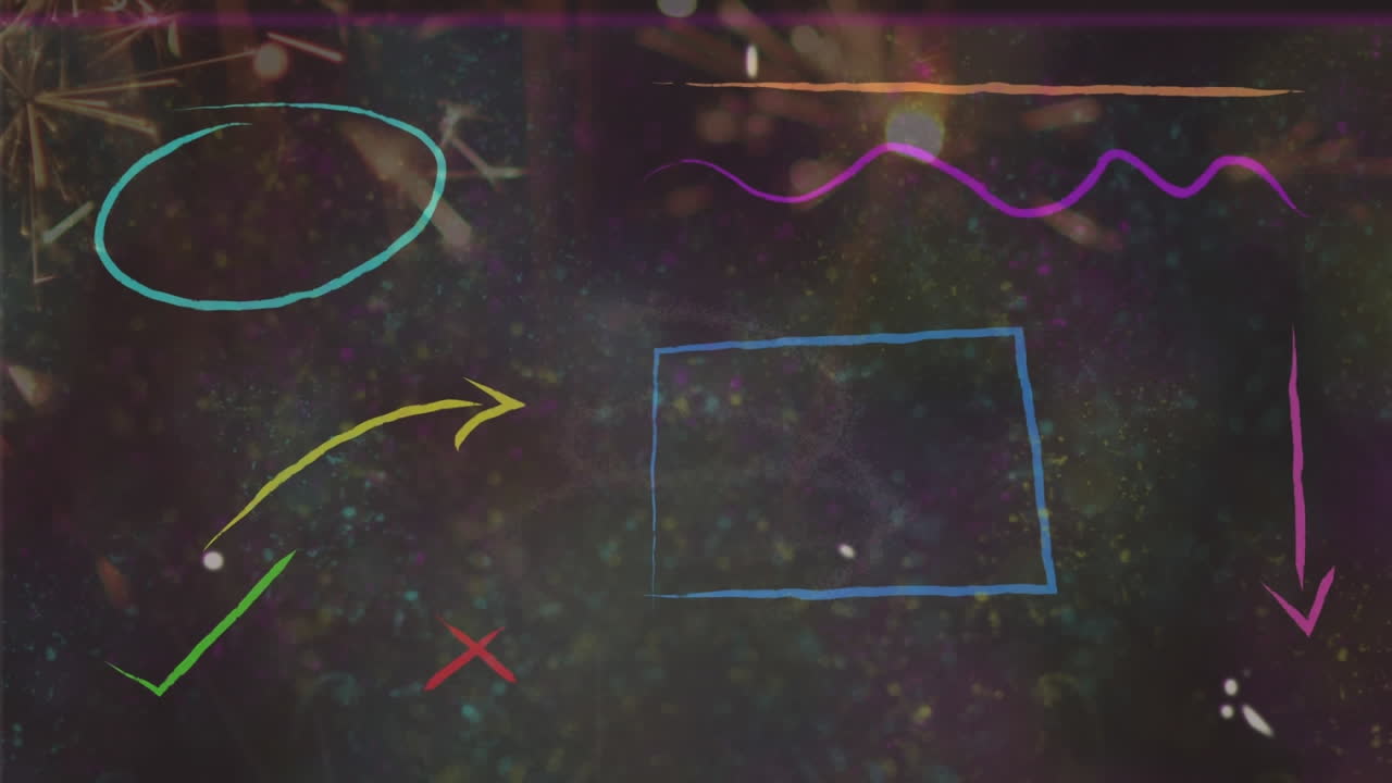 불꽃놀이 위에서 날아다니는 다채로운 모양의 애니메이션