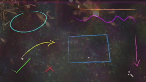 animación de formas coloridas volando sobre fuegos artificiales