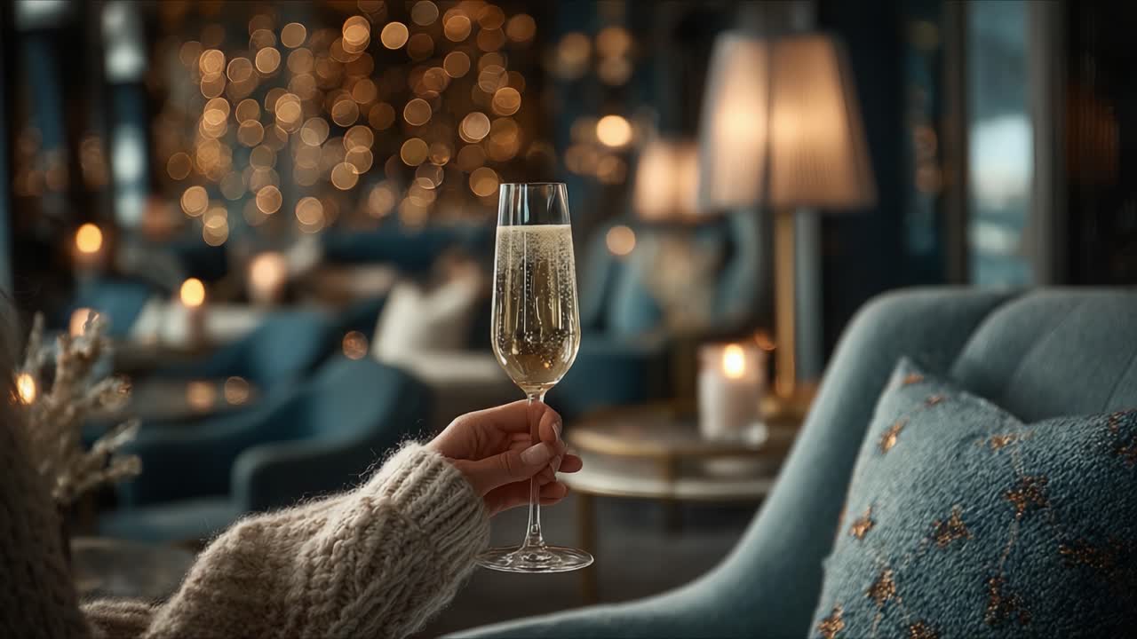 Un momento accattivante: eleganza e serenità catturate in un brindisi con vino spumante in un ambiente lounge accogliente e arredato con stile