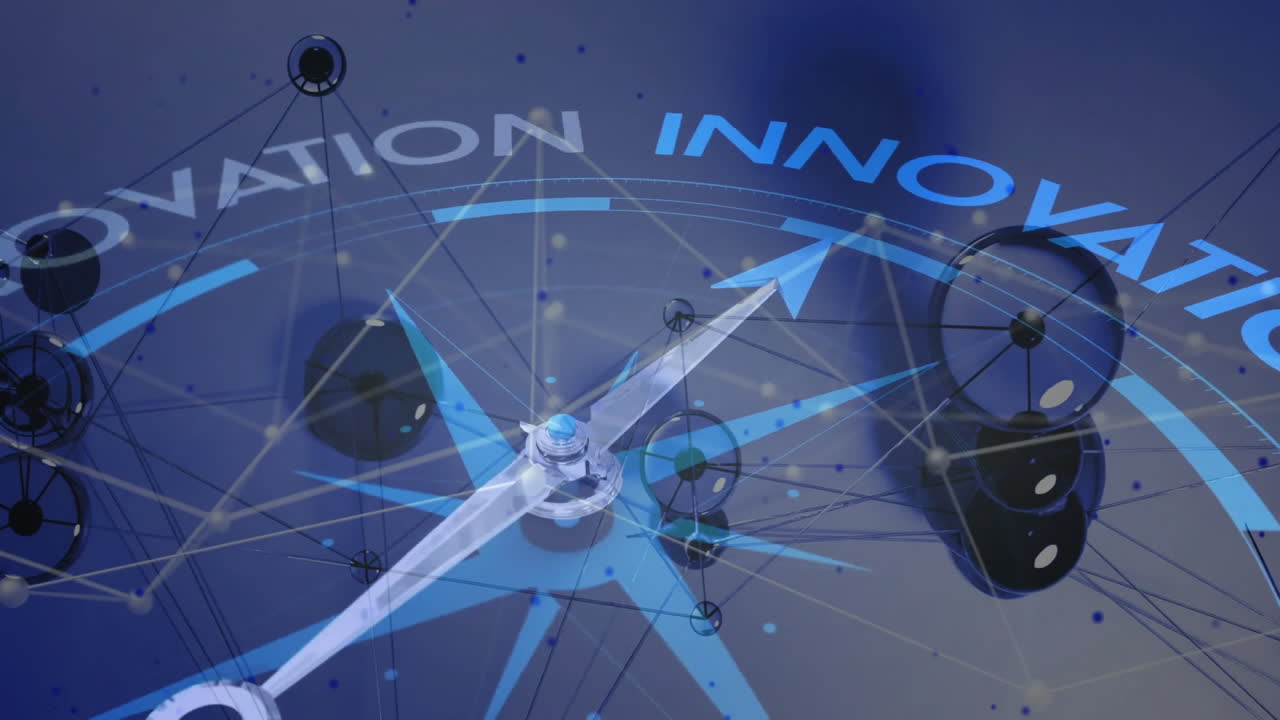 파란색 배경에 텍스트와 함께 나침반을 통해 연결 네트워크의 애니메이션