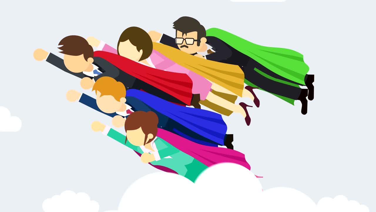 Super Hero business team flying in suit and red cape. Leadership and achievement concept. Loop illustration in flat style.