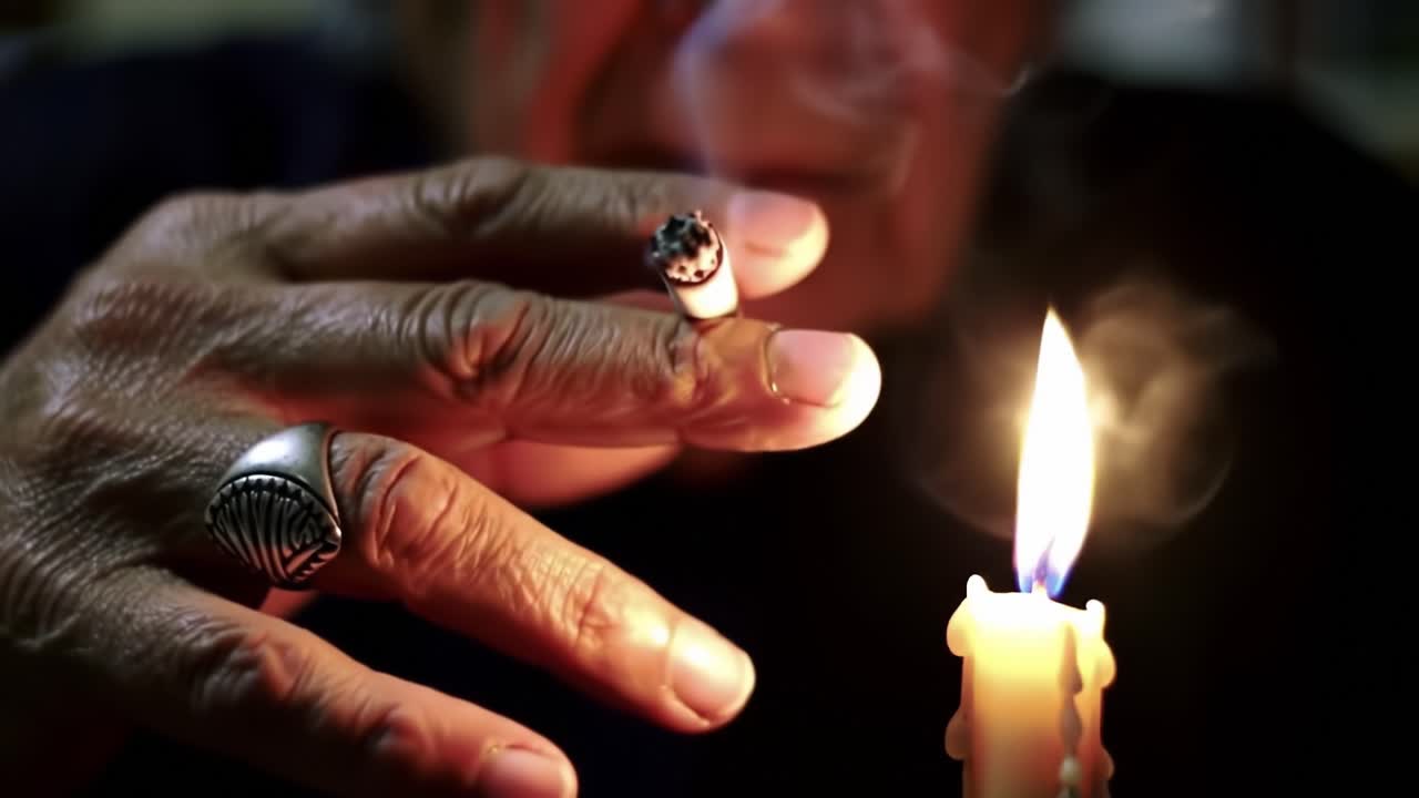 A contemplative moment illuminated by a flickering candle flame, capturing the essence of reflection as smoke wafts around an elderly person's hand holding a cigarette