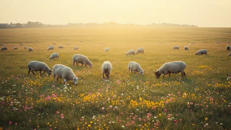 a serene pastoral scene featuring grazing sheep amidst vibrant wildflowers under a warm sunset, capturing the beauty of nature in a tranquil countryside setting
