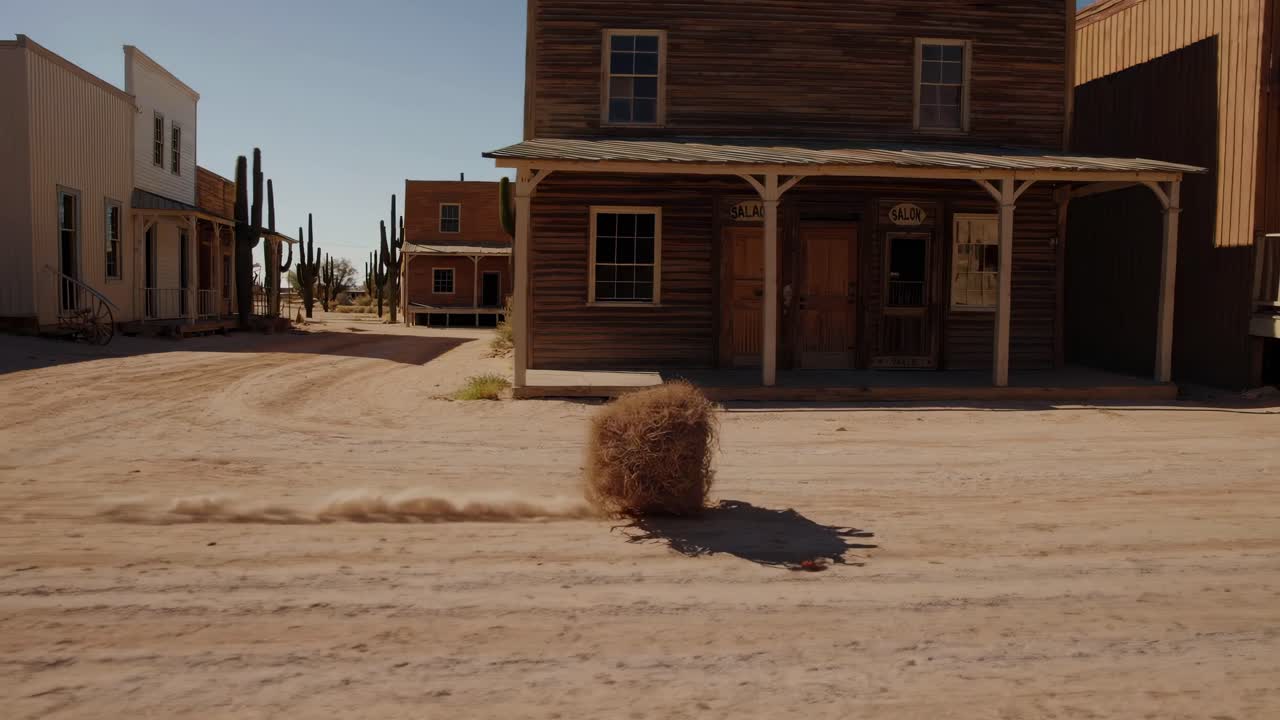 A low-angle video captures a tumbleweed rolling through a deserted, rustic Western town
