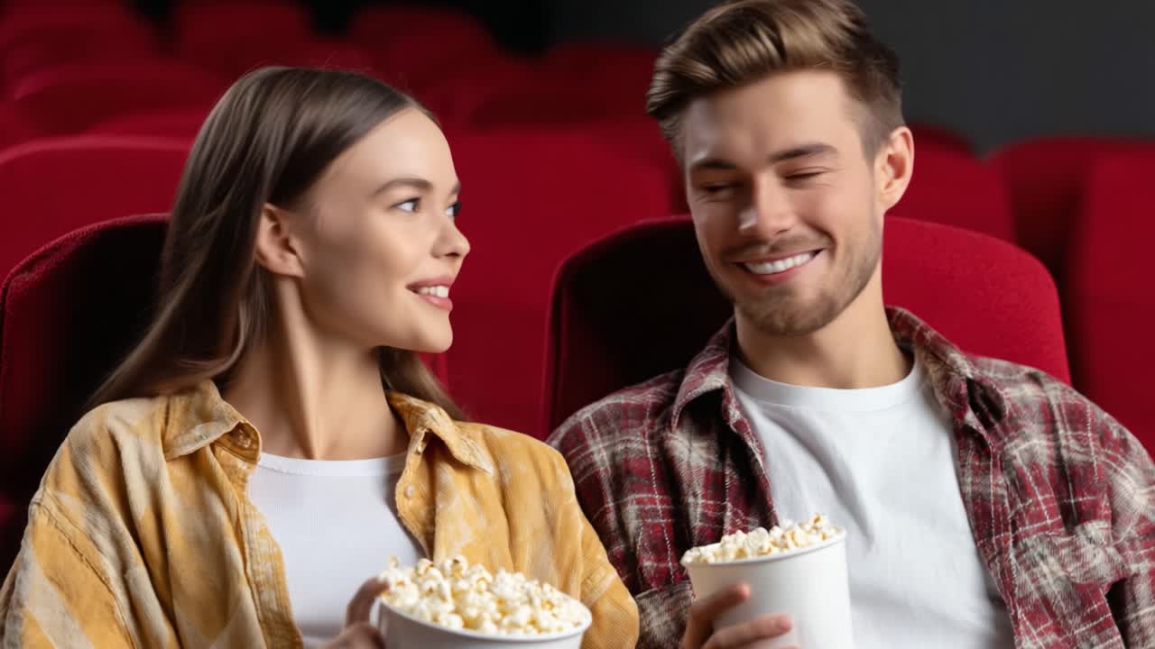 A joyful couple enjoying a movie experience together in a theater, sharing a bowl of popcorn and smiles amidst the cozy ambiance of plush red seats