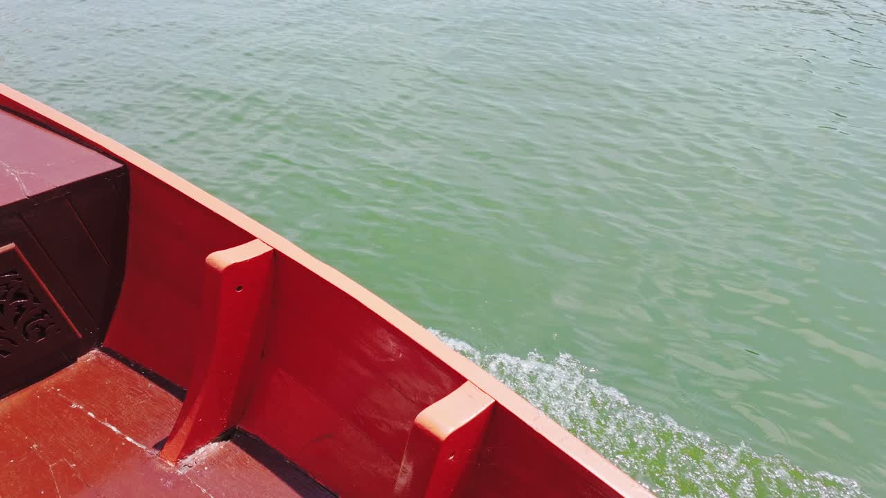 Wide angle view POV shot of water ripples from boat at day