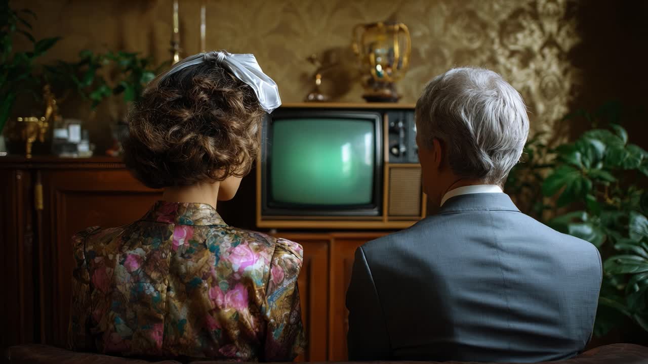 ヴィンテージテレビの前に座るカップルが描くノスタルジックな情景。魅力とレトロな美学が融合し、古き良き時代の優雅さを体現している。