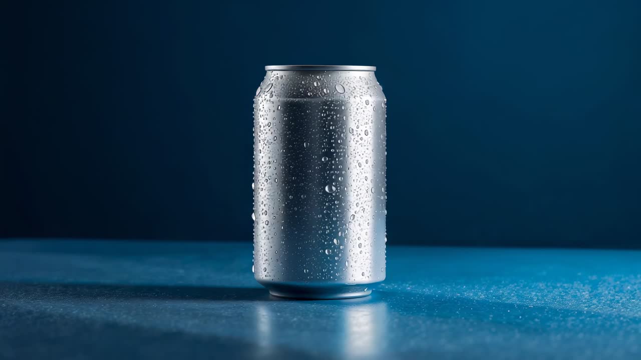 Shifting lights causing chilled can gliding reflections on studio table, with condensation beads