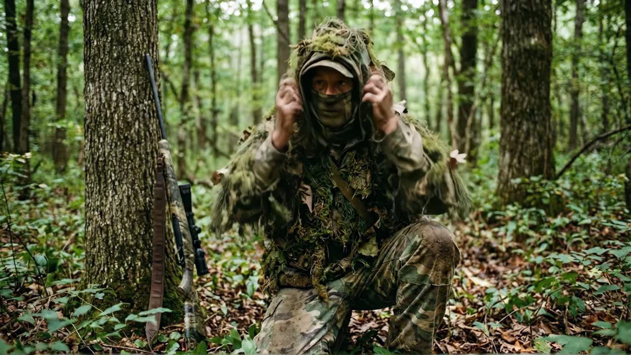 Jeger i ghillie-drakt som kneler og ser seg rundt i skogen
