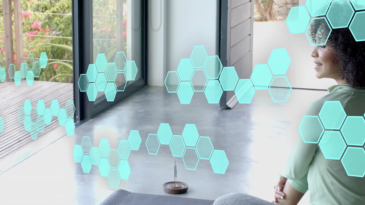 Turquoise hex overlay appearing while woman practicing meditation, adjusting posture, facing garden