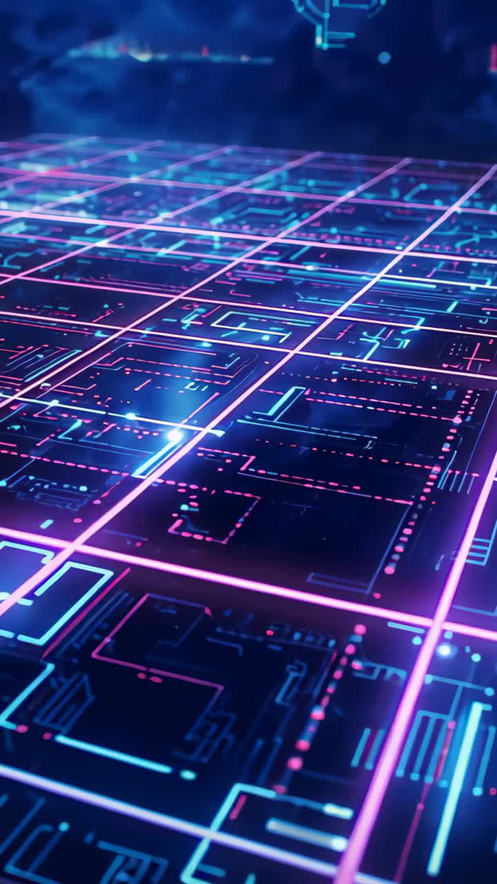 Vertical video: Moving camera showing neon circuit grid to mist horizon revealing pulsing nodes HUD