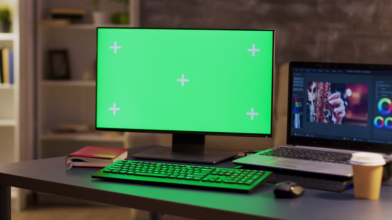 Workspace with Green Screen Computer