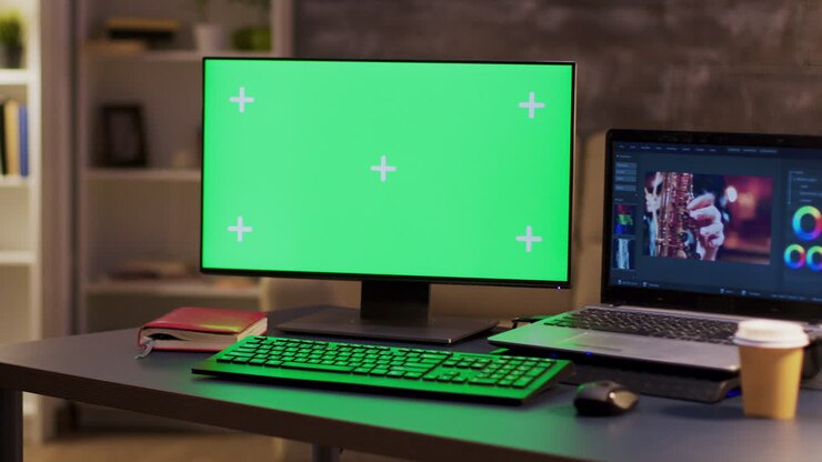 Arbeitsplatz mit Computer mit Greenscreen