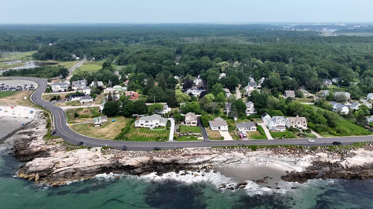 Drone view of scenic seaside homes in New Hampshire