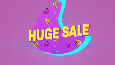 Animation-of-huge-sale-text-over-retro-speech-bubble-with-abstract-shapes-on-pink-background