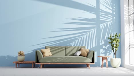 Modernes-Wohnzimmer-In-Einer-Wohnung-Mit-Couch-Und-Schatten-Von-Baumblättern,-Die-Sich-Im-Sanften-Sommerwind-An-Der-Wand-Bewegen