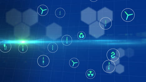 animation of eco icons and data processing over blue background